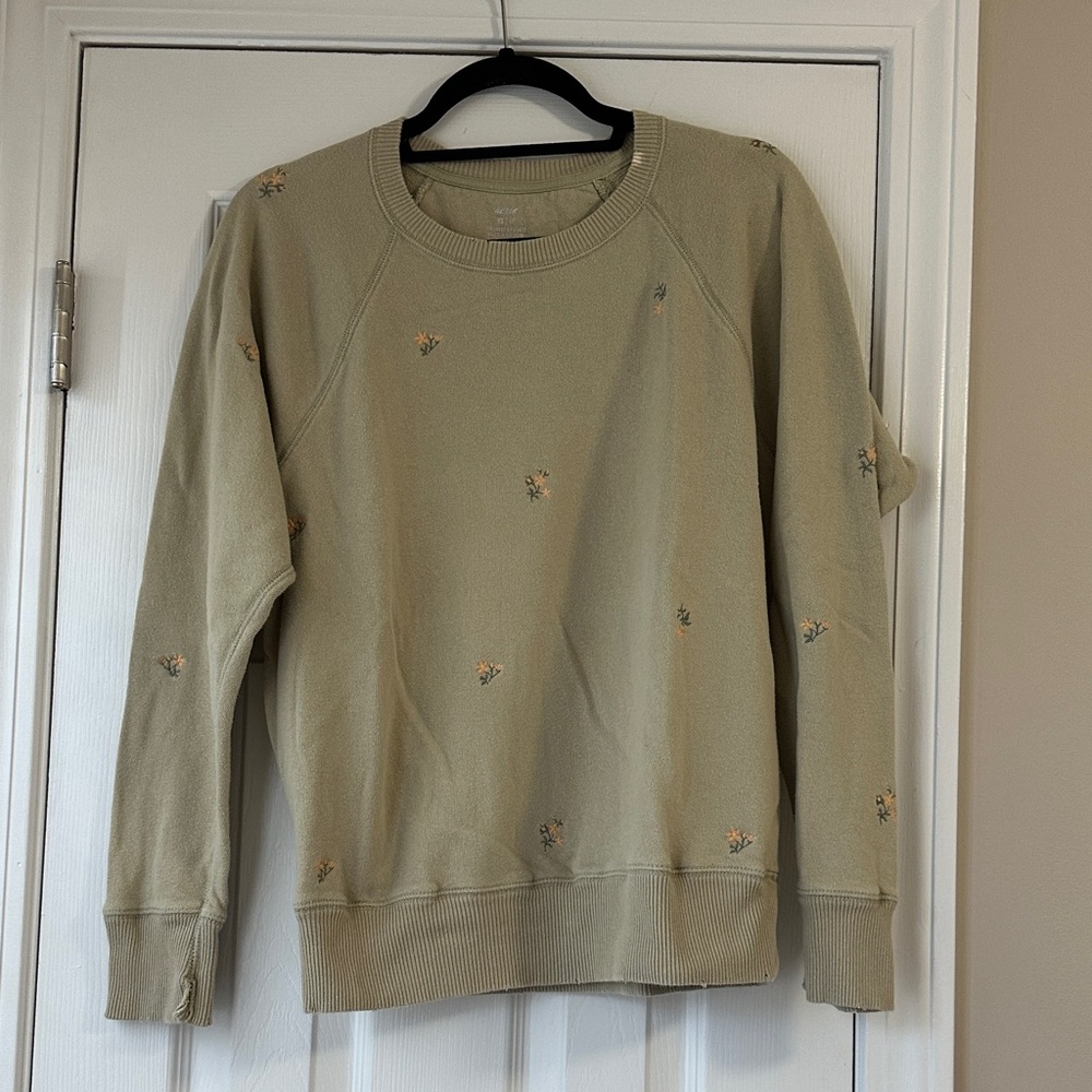 Aerie Light Olive Crewneck Sweater with Floral Details